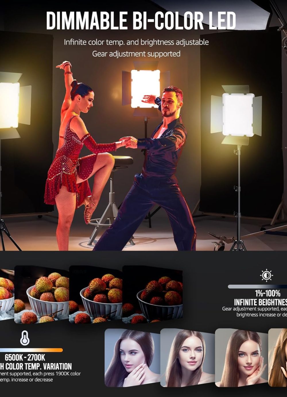 NiceVeedi 2-Pack Photography Lighting Kit, 36W Bi-Color Studio Lights 2700-6500K CRI 95+, Dimmable LED Video Light Kit with Remote Control & 72” Tripod Stand, Lighting for Video Recording/Photography - Image 3