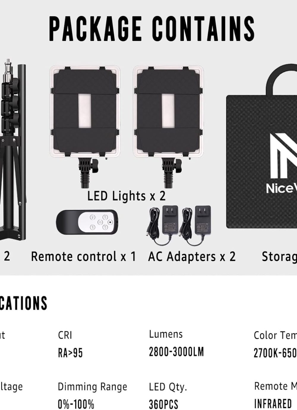 NiceVeedi 2-Pack Photography Lighting Kit, 36W Bi-Color Studio Lights 2700-6500K CRI 95+, Dimmable LED Video Light Kit with Remote Control & 72” Tripod Stand, Lighting for Video Recording/Photography - Image 7