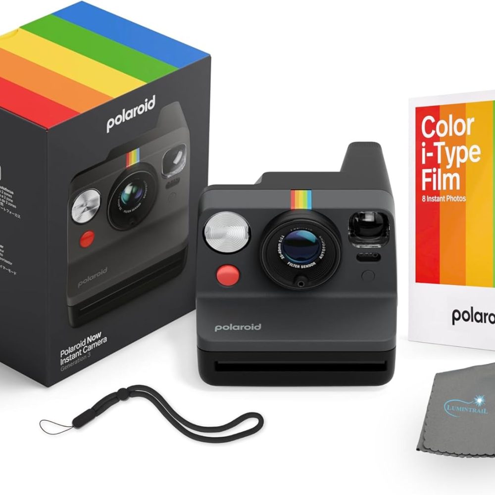 Now 3rd Generation i-Type Instant Camera + 8 i-Type Color Film Bundle, Black, Polaroid Camera Bundle with a Lumintrail Lens Cleaning Cloth