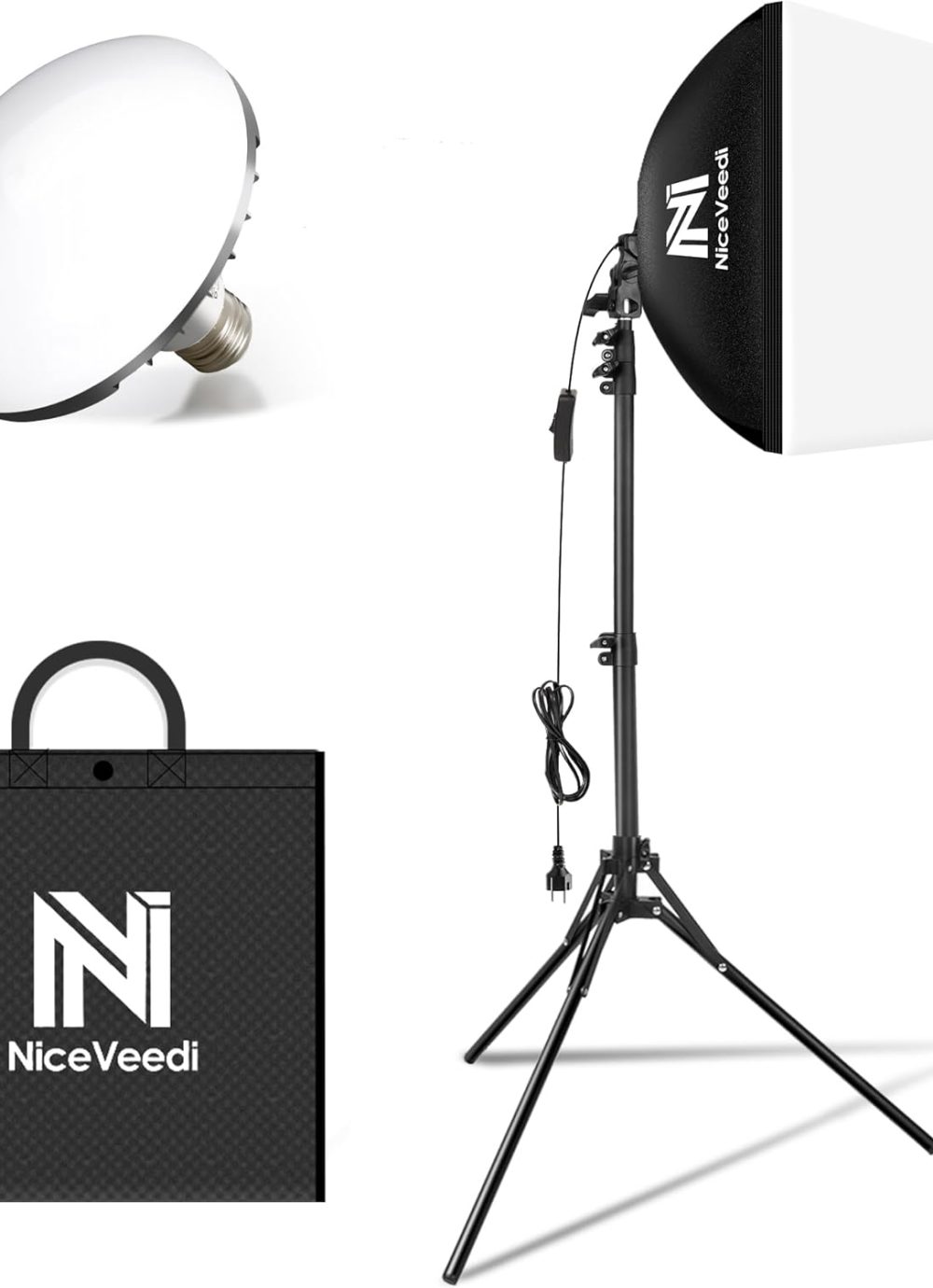 Softbox Lighting Kit, NiceVeedi 16'' x 16'' Softbox Photography Lighting Kit with 63” Tripod Stand & 5400K 450W Equivalent LED Bulb, Continuous Lighting for Photography/Video Record/Live Streaming