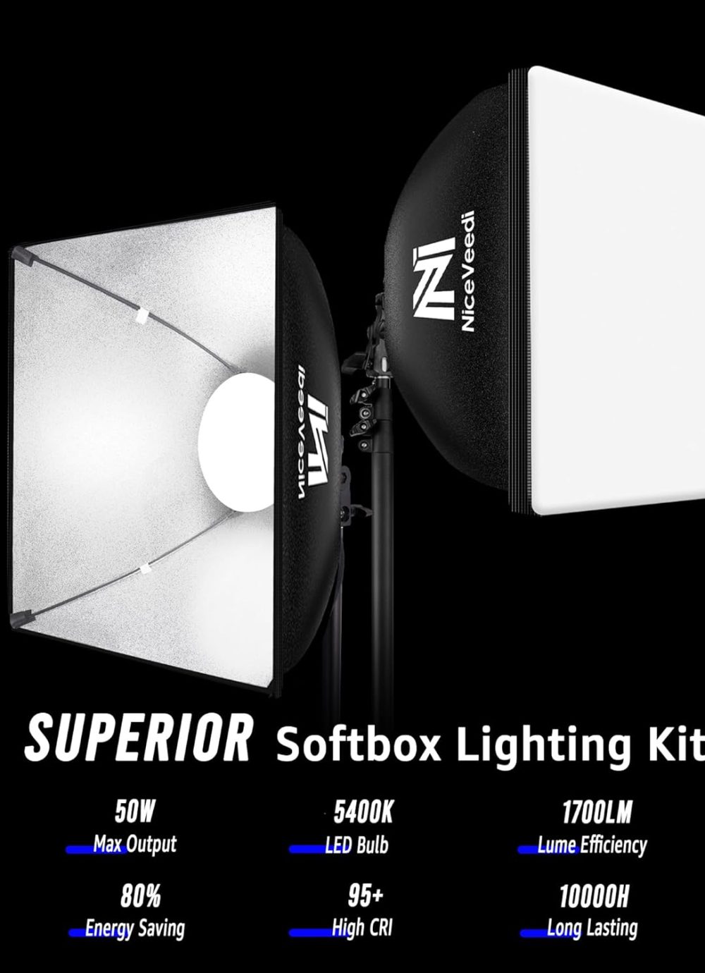 Softbox Lighting Kit, NiceVeedi 16'' x 16'' Softbox Photography Lighting Kit with 63” Tripod Stand & 5400K 450W Equivalent LED Bulb, Continuous Lighting for Photography/Video Record/Live Streaming - Image 2