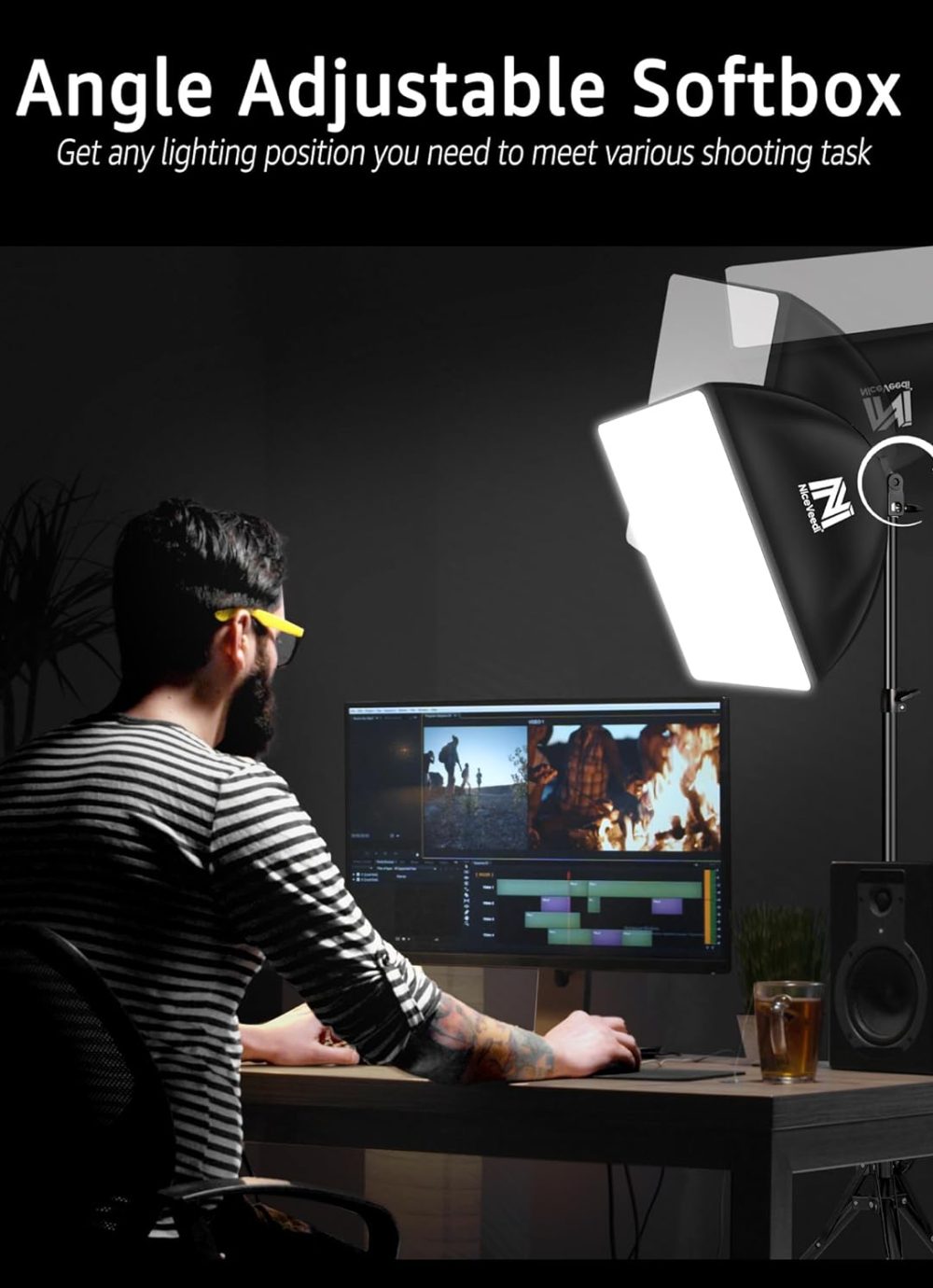 Softbox Lighting Kit, NiceVeedi 16'' x 16'' Softbox Photography Lighting Kit with 63” Tripod Stand & 5400K 450W Equivalent LED Bulb, Continuous Lighting for Photography/Video Record/Live Streaming - Image 3